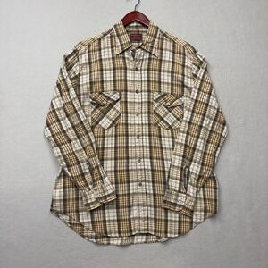 Kingsport Button Down Shirt Mens L Brown Plaid Vintage 80s Long Sleeve Cotton